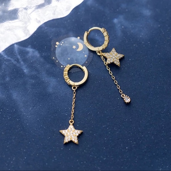 NEW 18K GOLD DIAMOND STAR WATER DROP EARRINGS, NICE EARRINGS, CUTE EARRINGS - Picture 5 of 7